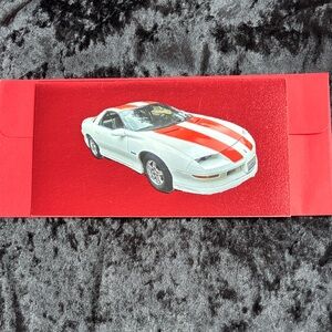 White Sports Car Graphic Sticker with Red Racing Stripes